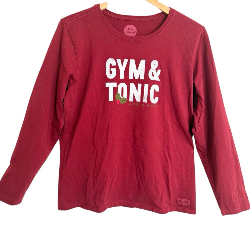 Life Is Good Crusher Tee Sz L Women Dark Red Long Sleeve Gym & Tonic Graphic Top